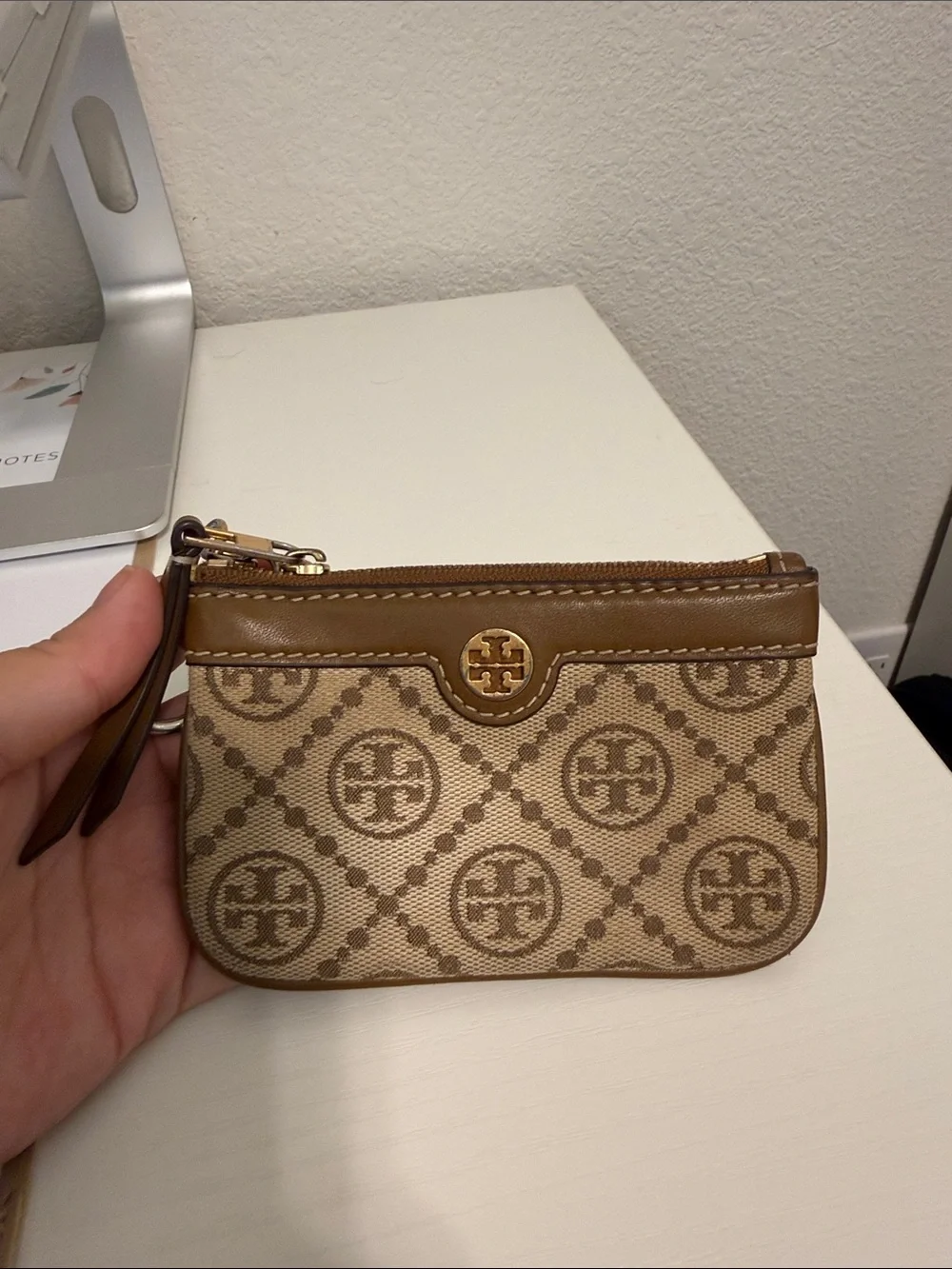 Tory Burch Tan Logo Canvas keychain wallet